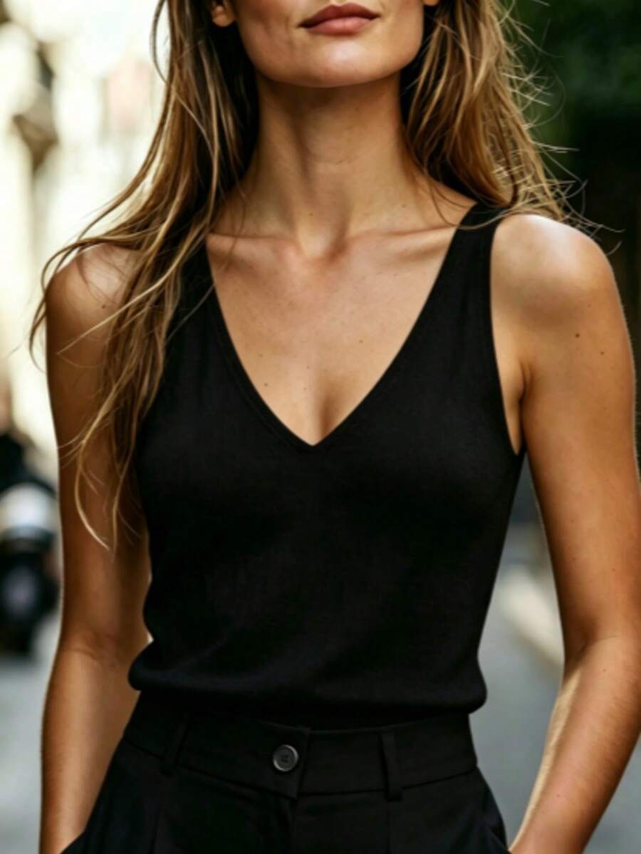Plus Women's 2-Piece V-Neck Peplum Tank Top & High Waist Pleated Shorts Set, Solid Color Casual Outfit, Sleeveless Top With High-Waist Button Shorts, Lightweight Spring & Summer Wear For Home, Outdoor & Daily Use, All Ages,Two Piece Short Set,2 Piece Outfits Women,4th Of July Outfit Women,Vacation Outfits Women,Tropicoqueta Outfits,Business Casual Woman - 黑色 - 查看 1
