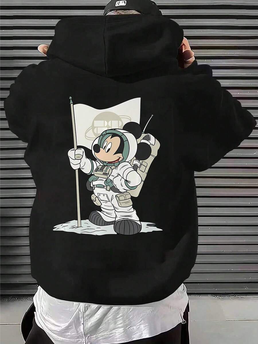 Disney Mickey Mouse Astronaut "Moon Landing" Graphic Hoodie, Featuring Space-Themed Mickey Print, Ideal For Everyday Casual Streetwear And Futuristic Nostalgic Disney Fan Outfits - Black - View 1