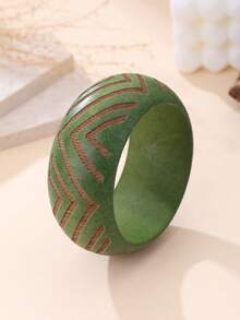 1pc Vintage Fashionable Exaggerated Boho Style Handcrafted Carved Serrated Natural Wood Wide Bangle Bracelet, Suitable For Beach, Music Festival, Vacation, Market, Afternoon Tea And Daily Wear - Moss Green - View 3