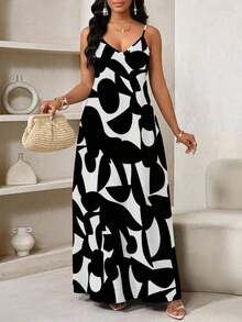 Lady Vestido de tirantes largo con estampado geométrico, apto para uso casual diario - Multicolor 5 - Ver 8