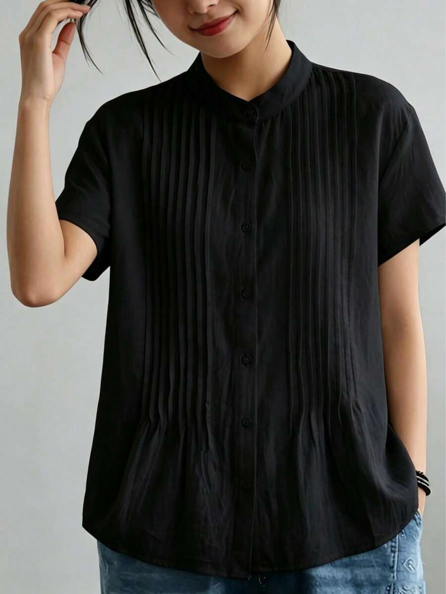 Women's Black Short Sleeve Casual Shirt With Front Pleated Design, Suitable For Daily And Office Wear, Spring/Summer - Black - View 1