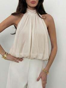 Elegant Sleeveless Solid-Color Blouse With A High Neck And Cropped Length, Versatile For Summer, Beach, Vacation, Bohemian Style, Tropical, Valentine's Day, Back To School For Women - 白色 - 查看 7