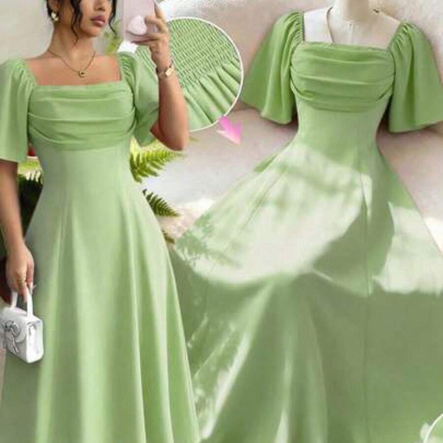 YijiaNvz Nuevo vestido elegante con cuello cuadrado, frente plisado, espalda descubierta y cintura ceñida de gasa para mujeres - Verde - Ver 1