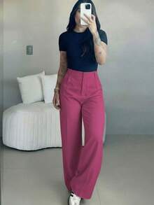 Quần ống rộng cạp cao dáng ôm dành cho nữ màu hồng fuchsia | Phong cách đường phố Bohemian | Thích hợp cho mùa xuân/hè, đi làm và đi nghỉ mát (Không bao gồm thắt lưng) - Màu Hồng Tươi - Xem 7