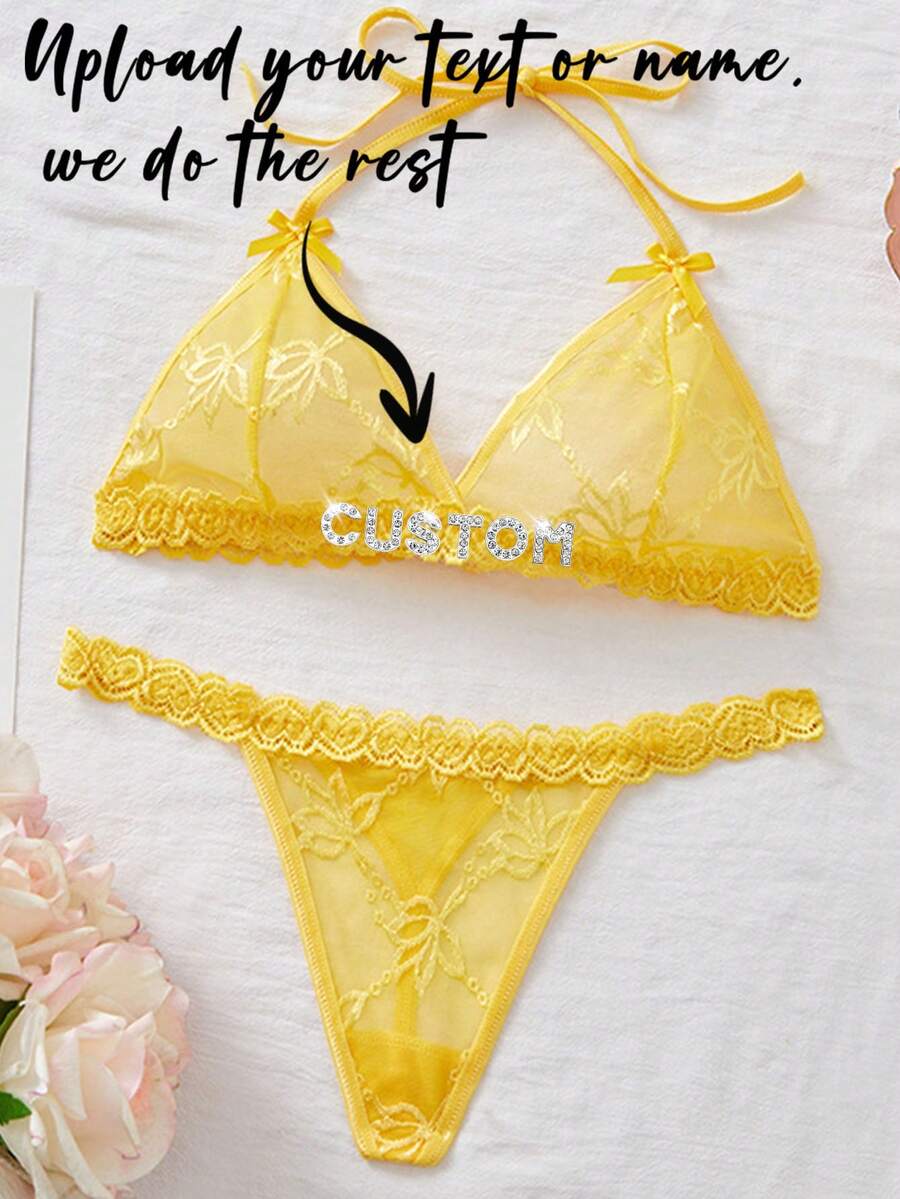 1件女款客製化文字黑色蕾絲功能性可定制迷人風格內衣套裝,適合浪漫場合/情人節 - 黃色 - 查看 1
