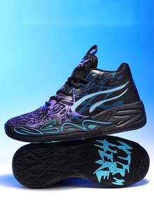 1 Pair Black & Purple Camo Graffiti Dream Basketball Shoes, Campus Style Basketball Game Shoes, Training Shoes, Wear-Resistant, Non-Slip, Shock-Absorbing, Soft & Bouncy, Breathable, Comfortable - Black - View 7