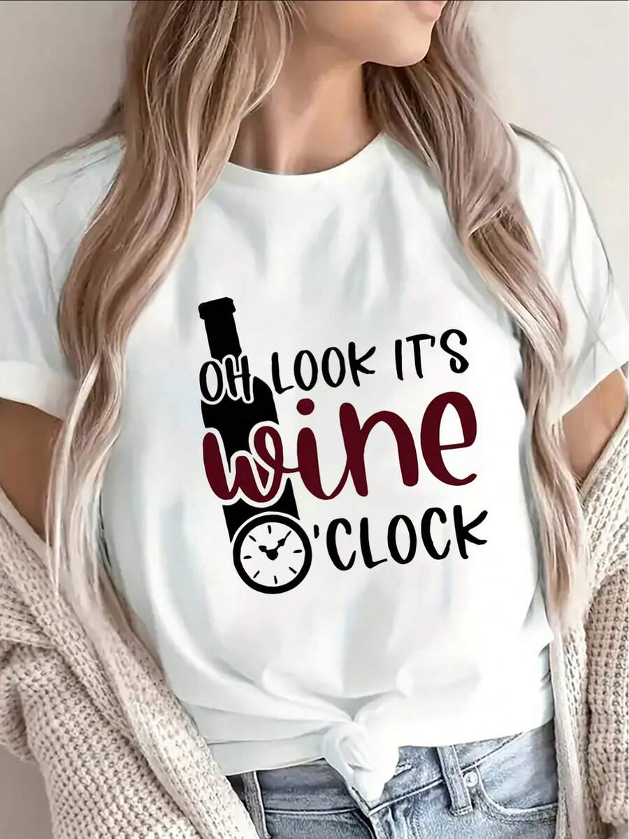 This Simple Yet Versatile Short-Sleeved T-Shirt, Printed With The Phrase "Oh, Wine Time," Is Perfect For Casual Wear At Home, In Restaurants, Or At Parties. It's Lightweight And Durable, Making It A Great Choice For Everyday Wear. Made Of Cotton. - 白色 - 查看 1