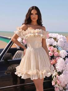 New Arrival European And American Fashion Off-Shoulder Mushroom Hem Mini Party Dress - Apricot - View 1