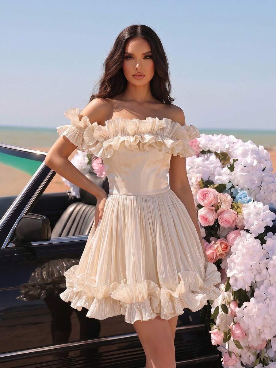New Arrival European And American Fashion Off-Shoulder Mushroom Hem Mini Party Dress - Apricot - View 1