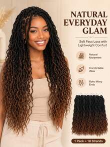 Pre-Looped Locs Crochet Hair, Ombre Faux Locs With Wavy Ends, 18 Strands/Pack Lightweight Synthetic Braiding Hair Extensions For Women, Easy Install - 彩色 - 查看 10