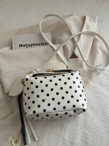 1 Piece Small Polka Dot Print Box Bag, Adjustable PU Zipper Crossbody Bag, Heart-Shaped Tassel Decoration, Fashionable Handbag For Daily Use, Date - 米色 - 查看 9