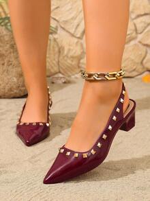 Women's Rivet Decor Pointed Toe Backless Chunky Heel Low Heel Mules, Elegant Versatile For Workplace, Commute, Daily Casual Wear. Comfortable Soft Sole, Suitable For Dates, Holidays, Weddings, Vacations, Commuting And More Occasions - Burgundy - View 5