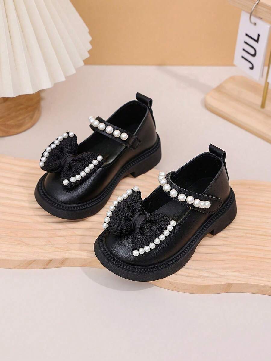 1 Đôi tất xỏ ngón chống trượt đính nơ PU giả ngọc trai thời trang & dễ thương, thích hợp cho các hoạt động ngoài trời, mặc hàng ngày, tiệc tùng và đi học, mùa xuân/thu - màu đen - Xem 1