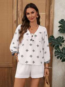 Conjunto de 2 piezas de camisa y pantalones cortos con estampado geométrico casual de vacaciones para mujer - Albaricoque - Ver 6