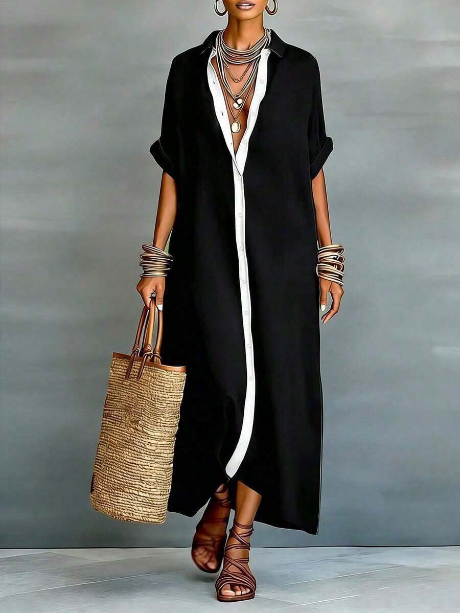 xheEMERY ROSE Vestido casual largo de mujer con efecto de lino suelto y parchesxhe