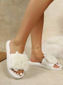 2026 New Comfortable Soft Bottom Open Toe Cute Lace Pearl Fashion Indoor/Outdoor Slippers - Beige - View 5