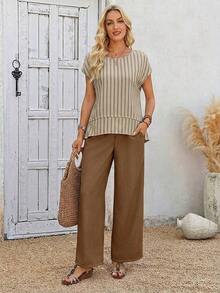 Conjunto de 2 piezas de top y pantalones de unicolor casual de vacaciones para mujer - Caqui 2 - Ver 4
