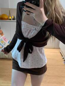 Korean Style Sweet Lovely 2 Piece Set Vintage Polka Dot Design Y2k Pink Crop Tops Brown Cardigan Japanese Kawai Outfits  Streetwear - Chỉ có áo màu hồng - Xem 6