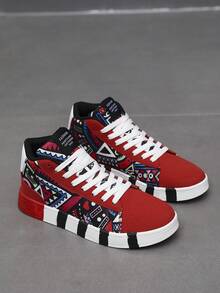 Men's Retro Graffiti Style Random Print Colorblock Front Lace-Up Sports Skate Shoes, Fashionable Versatile Outdoor Casual Shoes - Black and Red - View 4