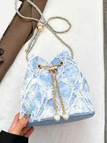 Korean Style Fashion Rhombus Fringed Shoulder Bag Minimalist Elegant High-Quality Crossbody Bag Versatile Drawstring Bucket Bag Suitable For Daily, Date, Evening Party And Other Occasions - Blue and White - View 10
