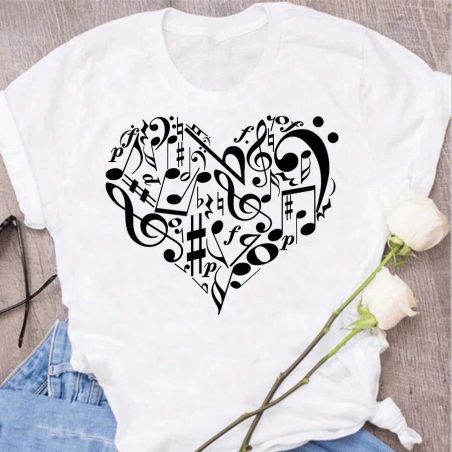 Women's Funny Harajuku Musical Note T-Shirt, Musical Tops, Short Sleeve Black T-Shirt, Casual Women's T-Shirts - 白色 - 查看 1