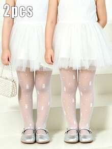 2pcs Baby Girls' White Rabbit Jacquard Pattern Tights, Elastic, Thin, Suitable For All Seasons, Daily Wear & Dance - White - View 12