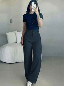 Women's High-Waisted Slim-Fit Wide-Leg Trousers | Bohemian Street Style | Suitable For Casual Wear, Work, And Spring/Summer Vacations | Black - Biru - View 3