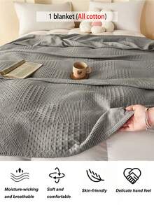 1pc Soft & Comfortable New Waffle Gauze Blanket, Skin-Friendly, Solid Color, Suitable For Bed, Sofa, Pillow - Perfect For Relaxation And Snuggling - Quietly Weaving Words In Deep Gray - View 7