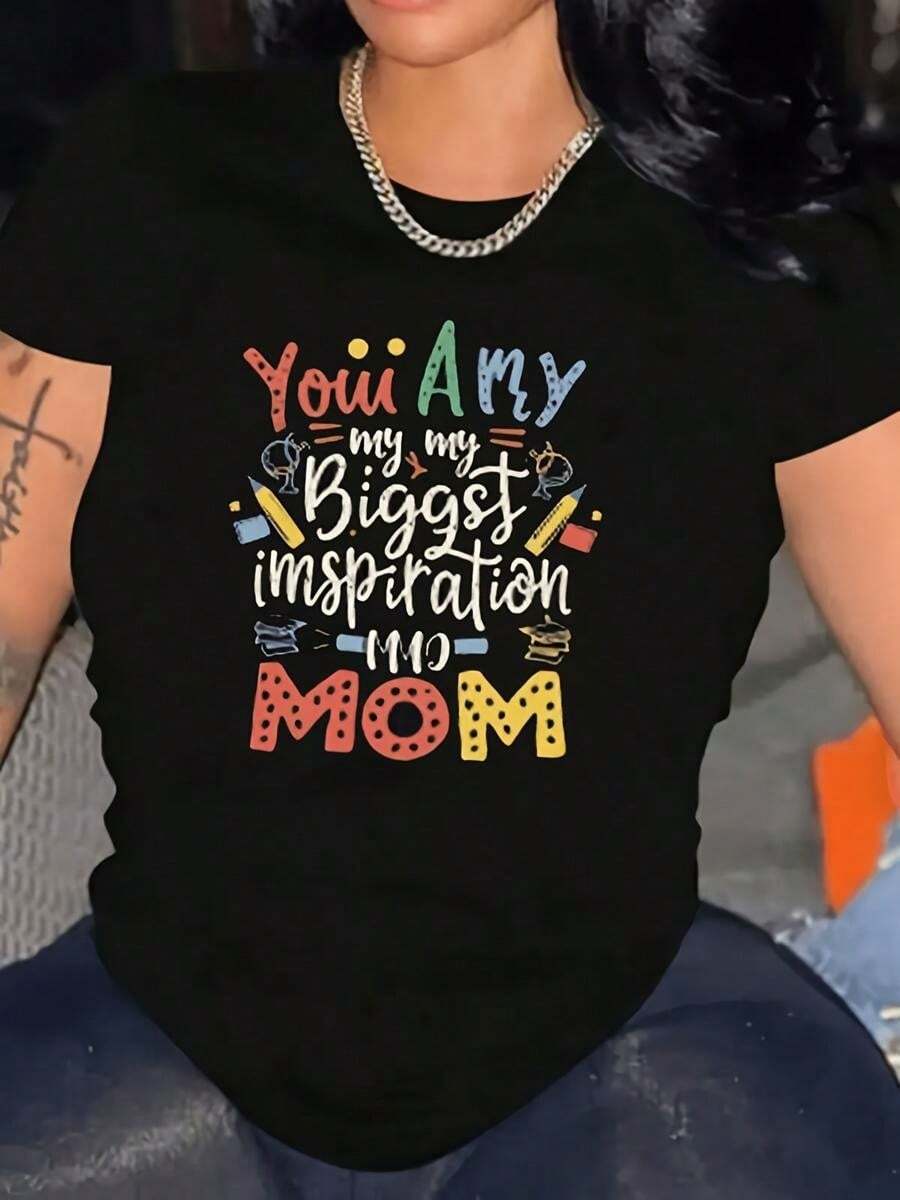 1 pieza de playera para hombre y mujer, 100% algodón puro, cuello redondo casual con estampado, manga corta transpirable para uso diario, con dise?o creativo y estampado de letras - Negro - Ver 1