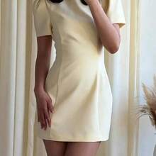 Nuevo vestido de manga corta con manga de pétalo de unicolor, elegante y casual, adecuado para uso diario y oficina, primavera/verano - Amarillo - Ver 10