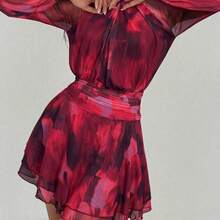 Vestido de manga larga ajustado con silueta de paraguas para mujer, nuevo para otoño/invierno, para uso casual/citas/salidas/maestras, vestido romántico con estampado de teñido anudado en púrpura y cuello alto con lazo en la cintura - Azul - Ver 9