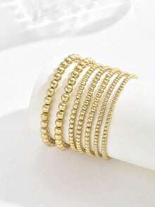 7pcs/Set Minimalist Beaded Bracelet Set For Women, Elegant Gift For Holidays & Dates, Versatile Daily Accessory, Simple Jewelry Design - Yellow Gold - View 2