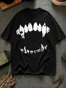 Camiseta Gráfica Divertida de Manga Corta, Estampado Vintage de Dientes, Ropa Casual Diaria, Estilo Urbano Y2K, Diseño Único y Peculiar - Negro - Ver 8