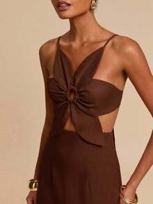 xheTravachic Vestido casual con tirantes sin espalda y pétalos, con flores tridimensionales, estilo vacacional, atuendos de vacaciones para mujer, atuendos de playa, vestidos de verano para mujerxhe - Marrón - Ver 1