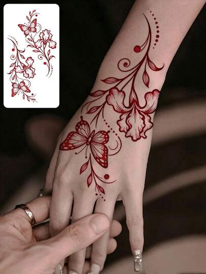 STARTTOOS Red Minimalist Y2K Floral Pattern Temporary Tattoo, DIY For Anime Convention, Carnival, Music Festival, Valentine's Day, Party Holiday Gift, Suitable For Wrist, Ankle, Shoulder, Neck, Collarbone, Waterproof Realistic Tattoo Sticker