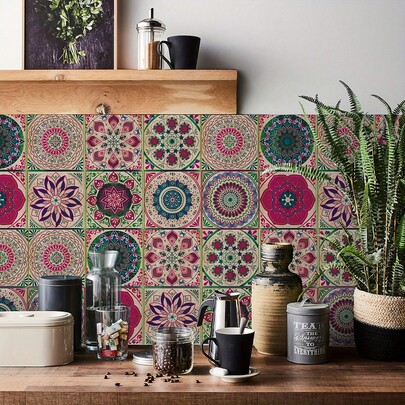24pcs Vintage Floral Pattern Wall Stickers For Living Room, Kitchen, Bathroom, Bedroom, Home Decor, Size: 10cm X 10cm