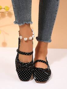 Women's Black Polka Dot Bow Mesh Patchwork Flat Mary Jane Shoes With Buckle Decor - Black - View 5