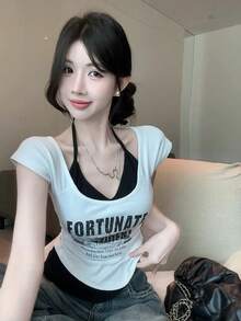 American Style 2 In 1 Printed Halter Neck Short Sleeve T-Shirt, New Summer Fashion Ins Style Women Top White - White - View 6