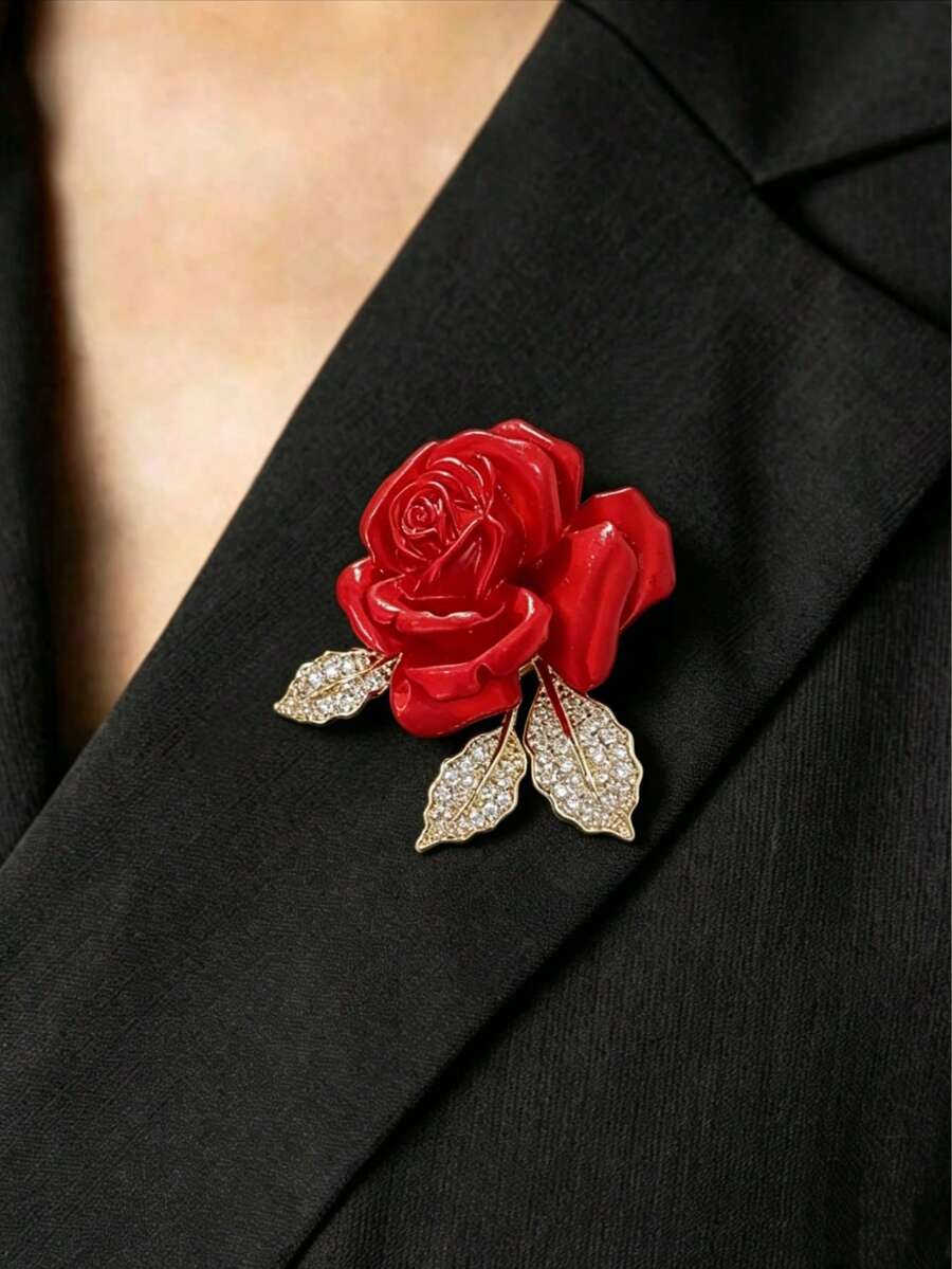 红玫瑰胸针,水晶叶子胸针,优雅浪漫的花卉饰品,适合作为母亲节、情人节、周年纪念日礼物送给女性和女孩,可用于装饰套装、围巾、婚礼和派对。 - 紅色 - 查看 1
