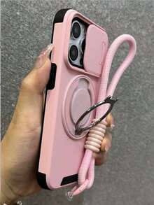1pc Shock-Absorbing Phone Case With Rotating Ring Holder And Sliding Camera Cover, Compatible With IPhone 17/16/15/14/13/Pro Max Series, Durable Soft Protective Shell - Pink + Lanyard - View 3