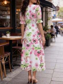 Vestido fluido con estampado francés, mangas sueltas, puños elásticos y drapeado en la cintura para mujeres - Multicolor - Ver 2