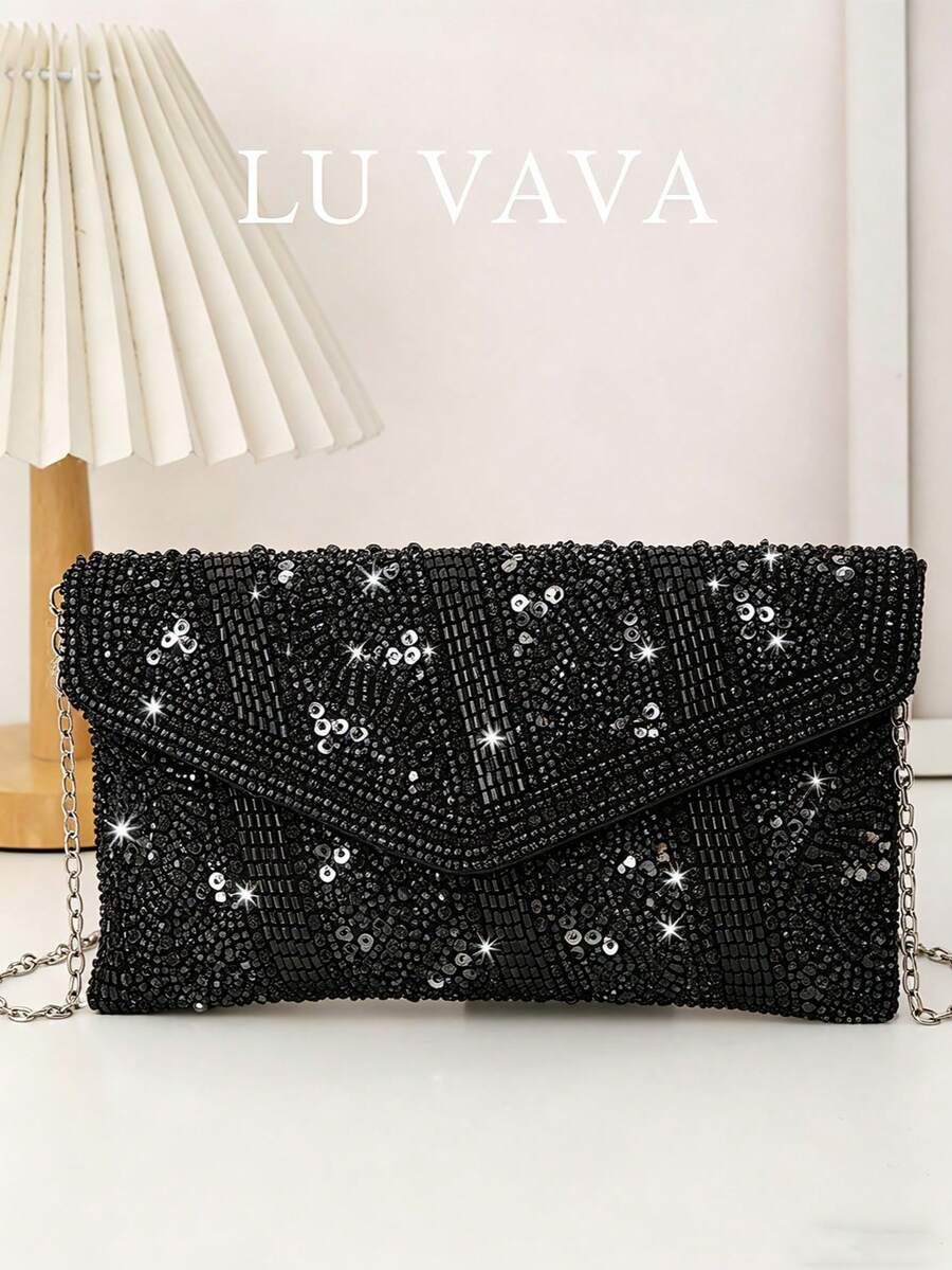 奢華珠飾手拿包 - LU VAVA 手工金色亮片刺繡信封包，附可拆卸鏈條肩帶，婚禮用斜背晚宴包 - 黑色 - 查看 1