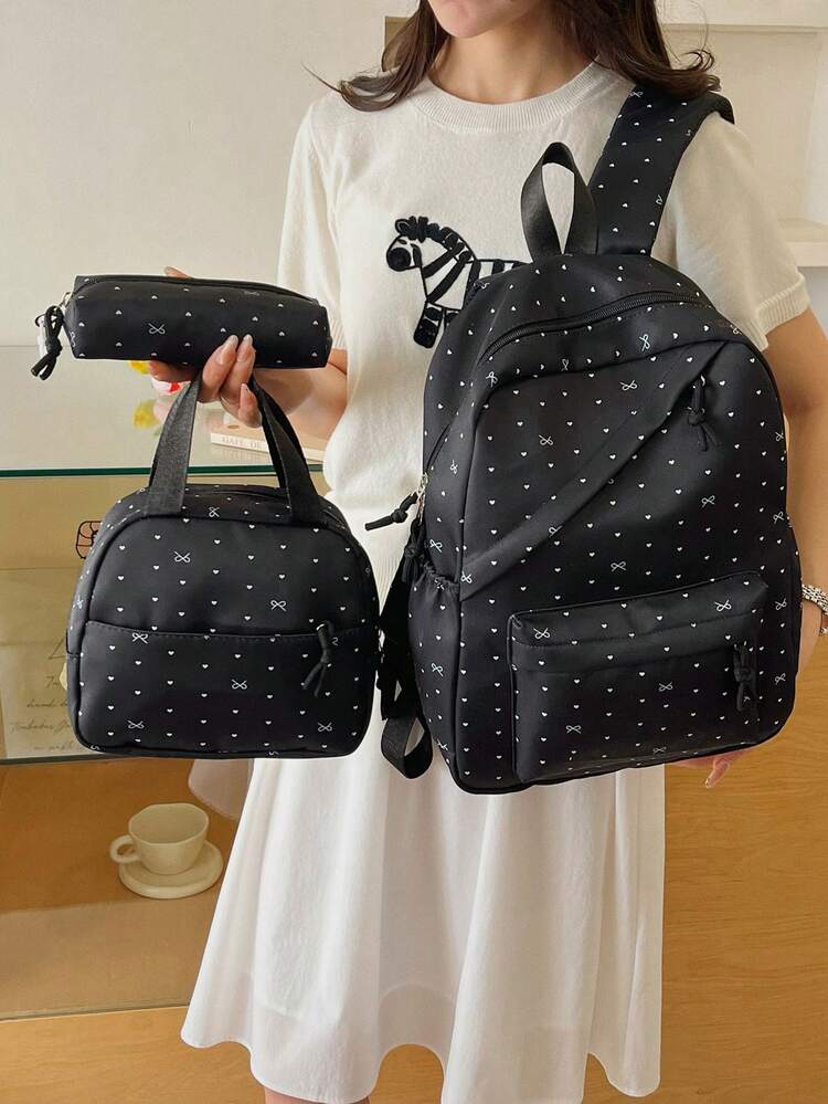 3-Pack Nylon Bowknot Heart Print Backpack Set, Foldable Multi-Pocket Large Capacity Zipper Backpack, Suitable For Teenagers, High School Students, College Stuents, Women, Daily Use, Commuting, Travel, Valentine's Day Gift - Black - View 5
