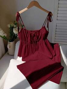 Conjunto de top de tirantes y pantalones de lino tejido en color fucsia - Burdeos - Ver 4