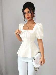 New High-End Women's Blouse, Versatile, With French Bow, Puff Sleeve, Made Of Elegant And Unique Jacquard Fabric - 杏 - 查看 4