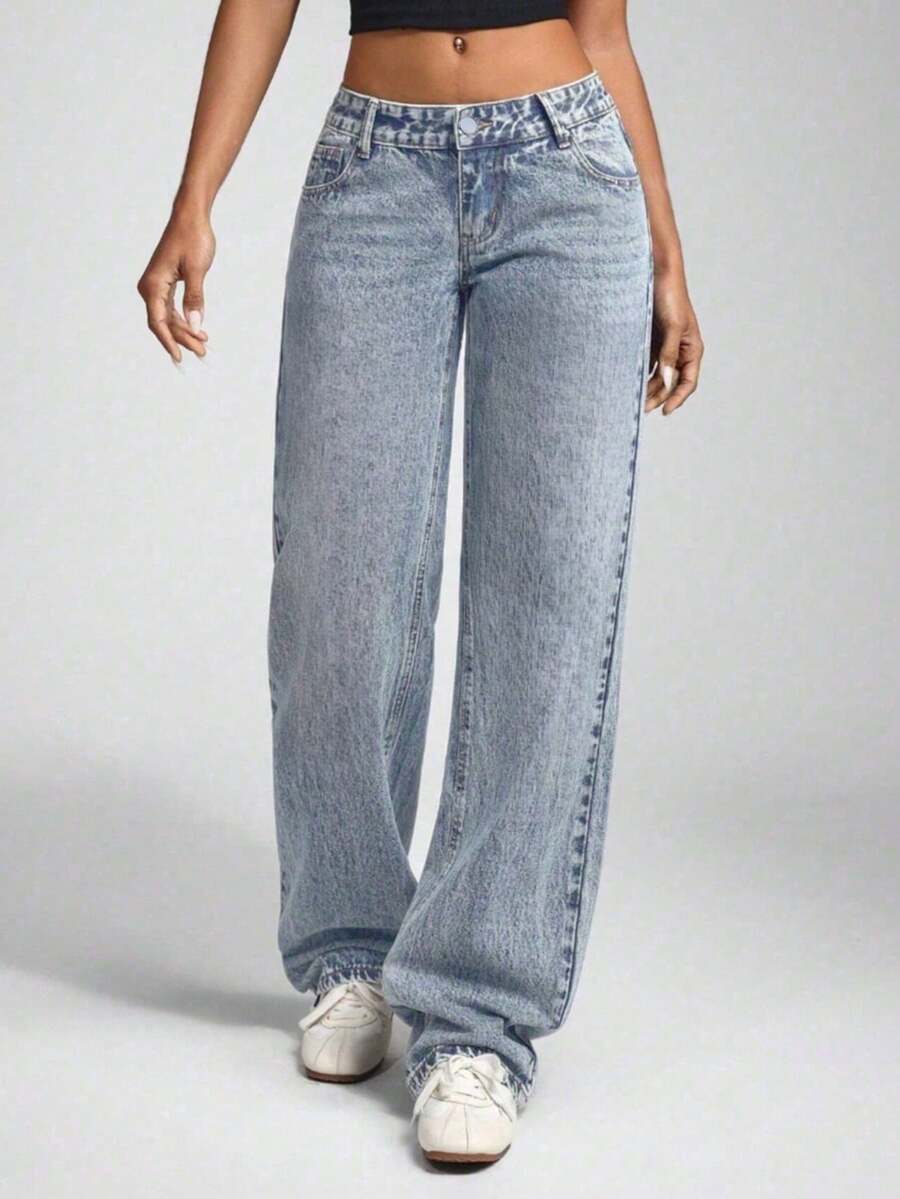 Celana Jeans Kasual Longgar Model Lebar dengan Kantong untuk Remaja Perempuan, Serbaguna, dan Sederhana - Light Wash - View 1