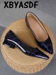 XBYASDF 2026 New Women's Blue Leopard Print Pointed Toe Chunky Heel Pumps, Glossy Low Vamp Slip-On 3cm High Heels, Versatile For Commute And Date - Dark Blue - View 1