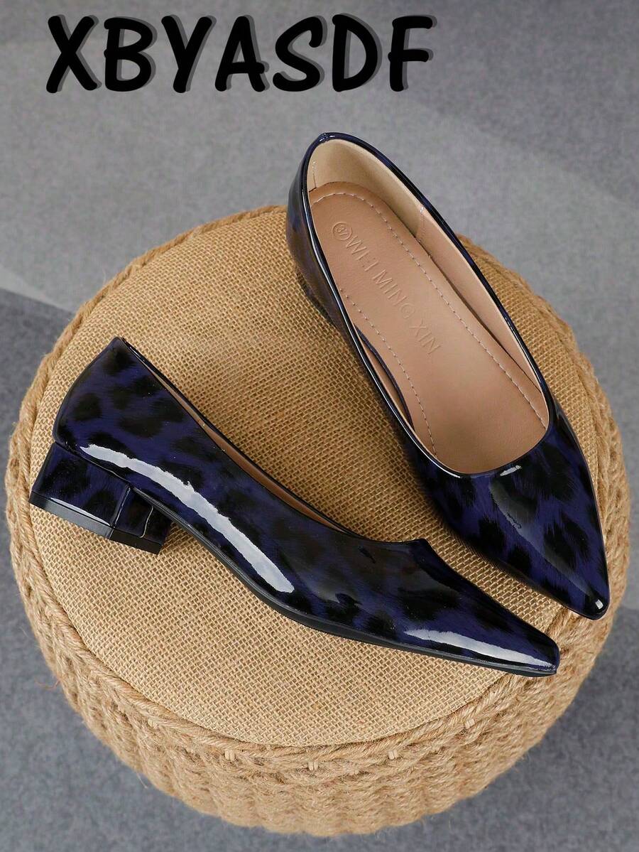 XBYASDF 2026 New Women's Blue Leopard Print Pointed Toe Chunky Heel Pumps, Glossy Low Vamp Slip-On 3cm High Heels, Versatile For Commute And Date - Dark Blue - View 1