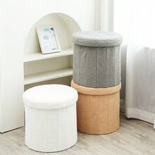 Plush Storage Ottoman Stool With Hidden Storage – Foldable Round Footstool Seat For Bedroom, Living Room & Entryway – Soft Teddy Fabric Storage Bench (2 Sizes) - White - View 6