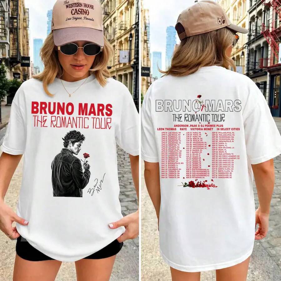 The Romantic Tour 2026 Double-Sided Cotton T-Shirt With Rose Signature For Pop Fans - White - View 1